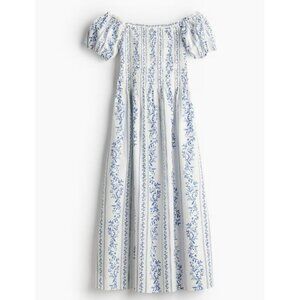 H&M Poplin Dress Off The Shoulder Short Sleeve Blue Floral Women's Size L